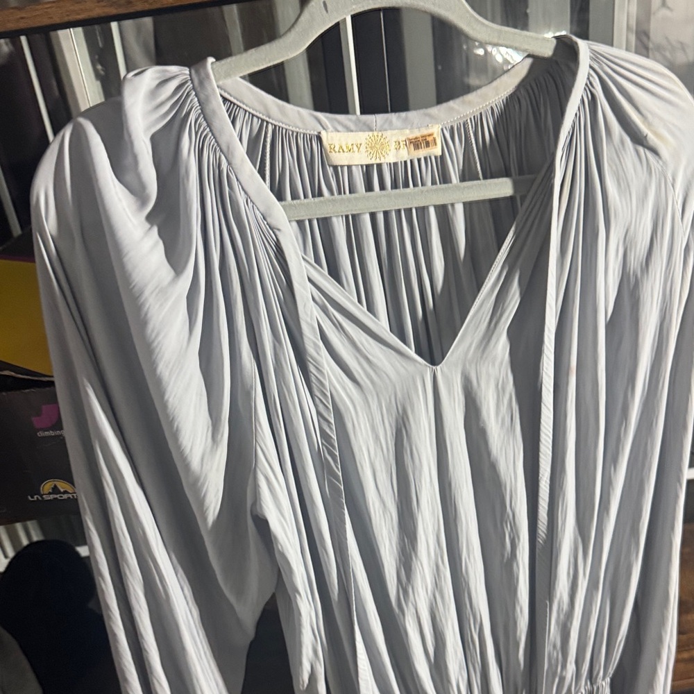 Light Gray Pleated V-Neck Blouse by RAMY